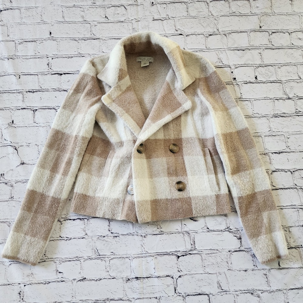 Rachel Zoe Womens XS Beige Cream Plaid Fuzzy Knit Double Breasted Blazer Jacket